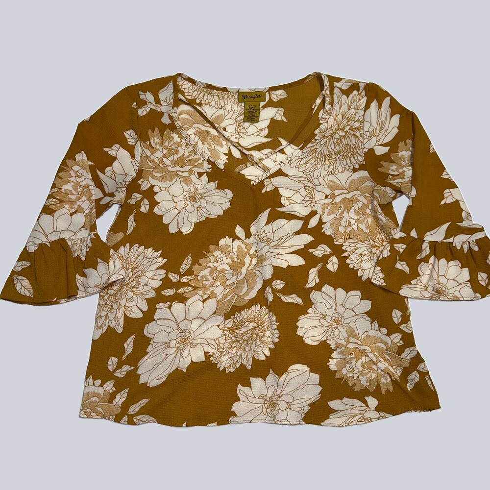 Wrangler Women’s Floral Bell Sleeve Blouse Small Mustard Cream V-Neck